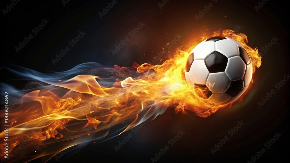 Naklejka premium Fiery Soccer Ball in Motion A Dynamic Image of a Blazing Sphere