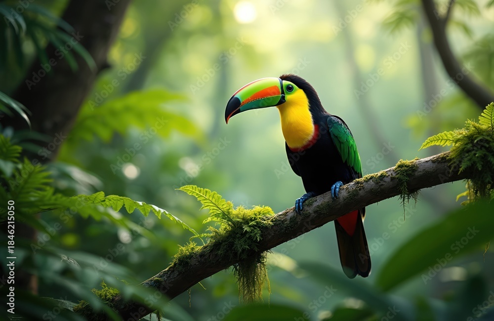 Naklejka premium Colorful toucan perches on mossy branch in verdant rainforest. Exotic bird with bright beak rests amid lush foliage, sunlit jungle environment, natural habitat, lush green background.
