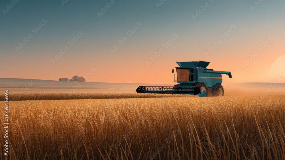Fototapeta premium Golden wheat field at sunrise with harvester cutting rows, warm light and dust creating peaceful rural atmosphere