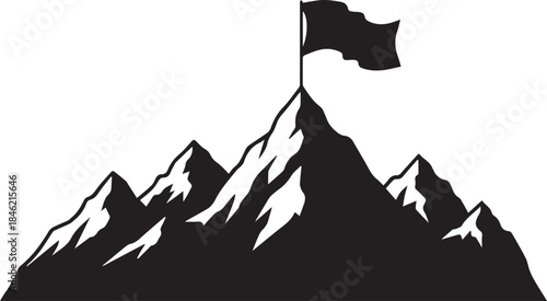 Silhouette of a flag waving on a mountain peak representing achievement