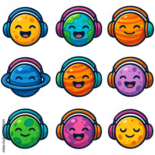 Colorful planet emojis with headphones in space theme.