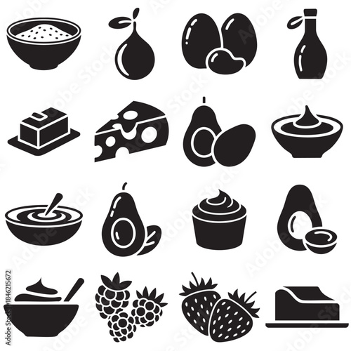Ketogenic Diet Food Vector Silhouettes Collection with Avocado, Cheese and Nuts