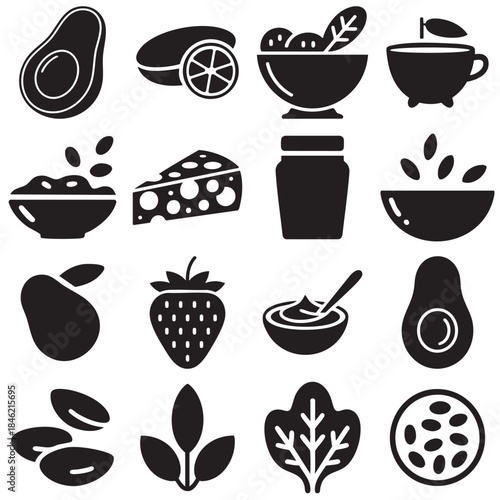 Low Carb Keto Food Vector Silhouettes Set with Avocado, Nuts and Vegetables