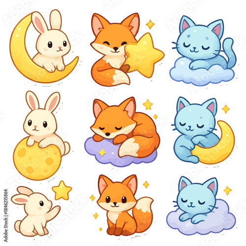 Cute animals on moon, cloud, and star with rabbit, fox, and cat.
