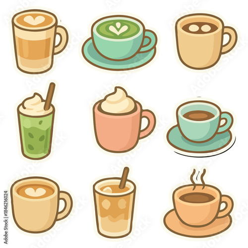 Variety of cute coffee and tea illustrations with different cup designs.