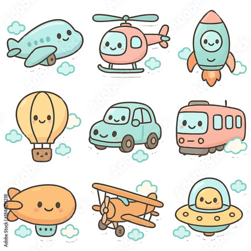Cute cartoon transportation: airplane, helicopter, rocket, hot air balloon, car, train, blimp, biplane, ufo.