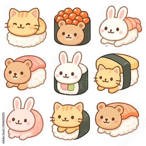 Cute animal-inspired sushi characters in playful illustrations.