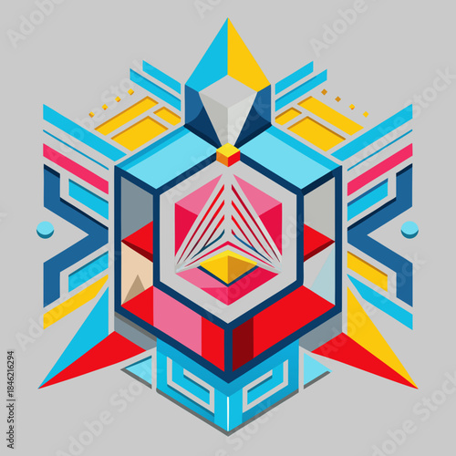 Vibrant geometric shapes forming a dynamic 3D cube structure