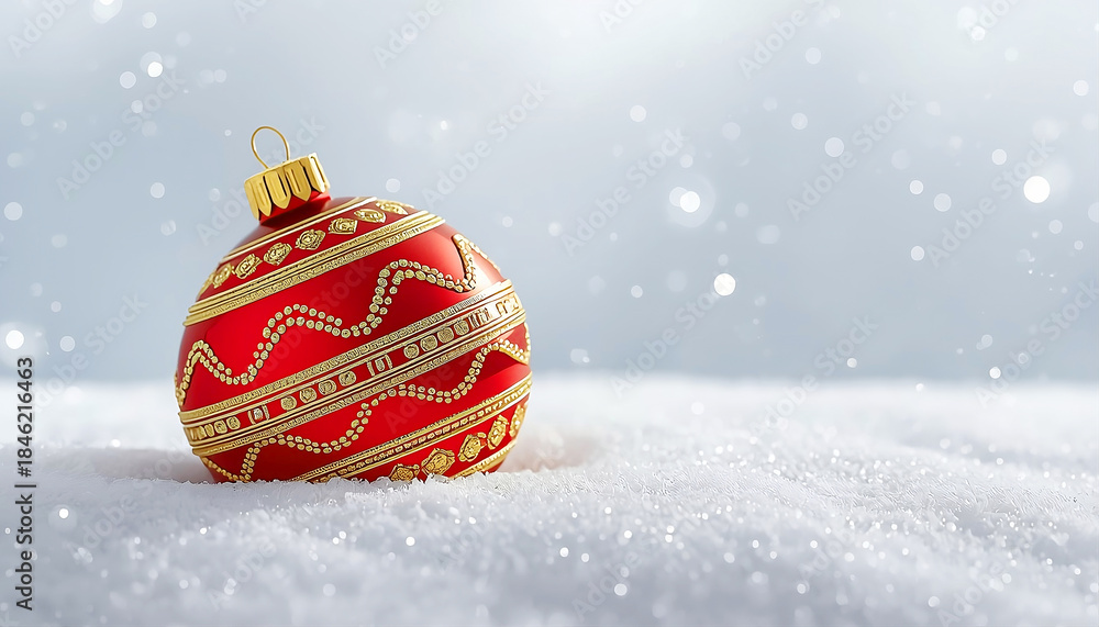 Fototapeta premium Une boule de noël rouge et dorée dans la neige devant un arrière plan blanc et gris scintillant pour les fêtes de fin d'année