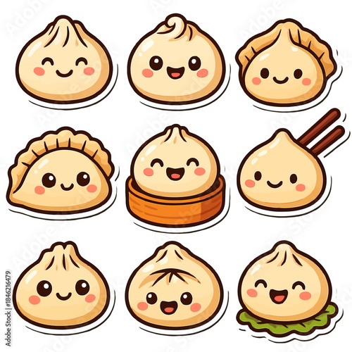 Adorable cartoon dumplings with various happy expressions and cute details.