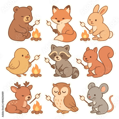 Cute animals roasting marshmallows around campfires in adorable cartoon style.