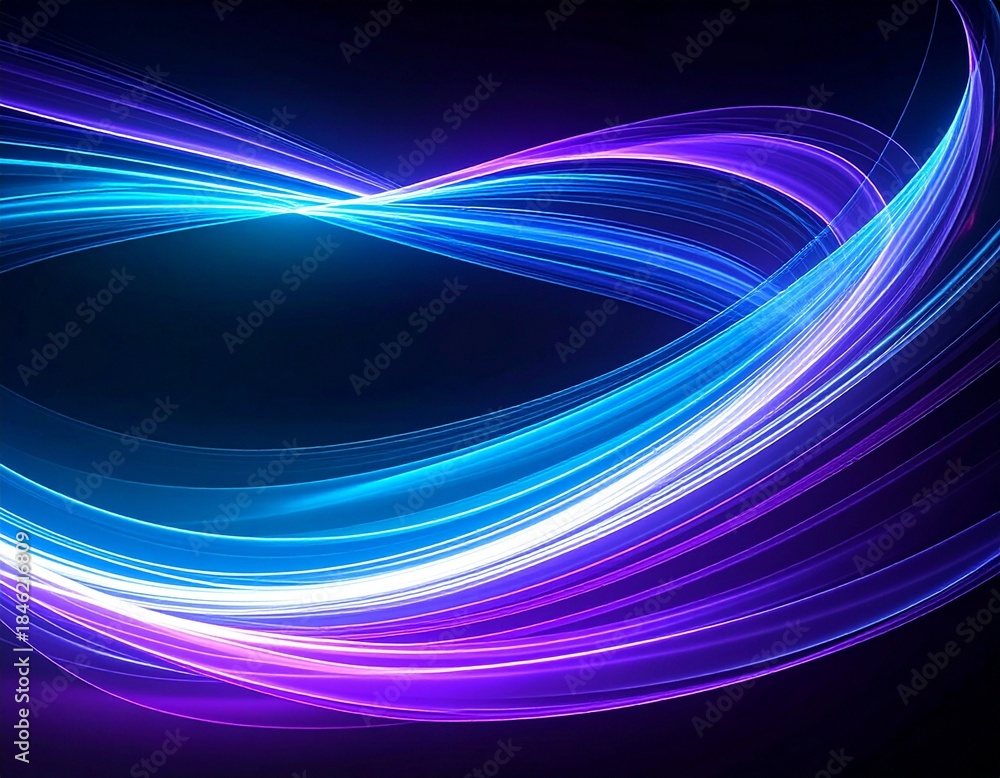 Naklejka premium A modern abstract border made of flowing light trails forming a dynamic frame around the edges of the composition. Smooth glowing lines in neon blue, purple, cyan, and soft white curve gracefully.