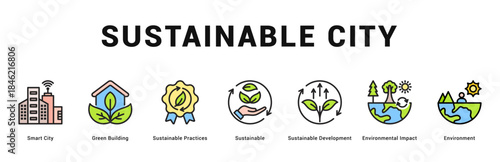 Sustainable City Modern and clean web banner illustration featuring thematic icons for visual communication