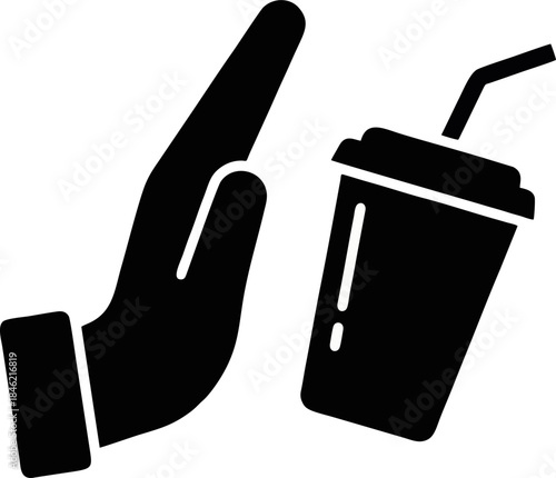 Refusing Plastic Silhouette Vector. Hand Stopping Single Use Straw and Cup Isolated on White Background