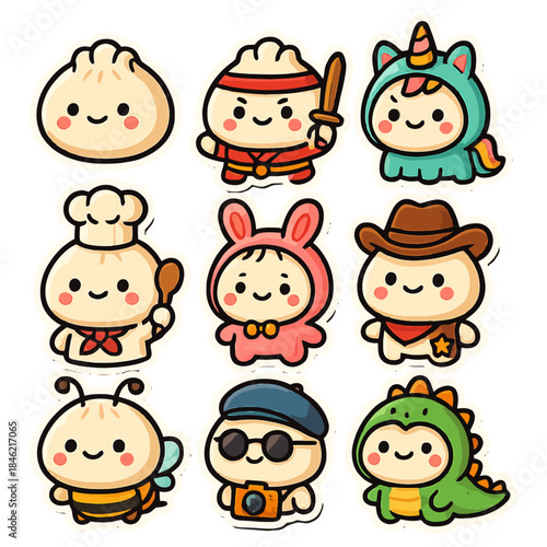 Cute cartoon dumplings in various costumes including ninja, unicorn, and chef outfits.