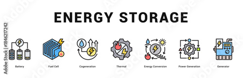 Energy Storage Modern and clean web banner illustration featuring thematic icons for visual communication