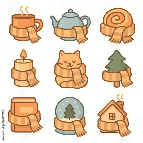 Cozy winter icons featuring scarves and warm beverages.