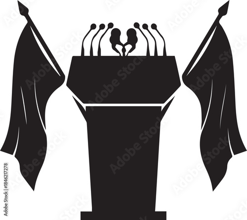 Silhouette of a podium with microphones and flags for public speaking