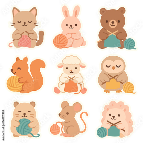 Cute cartoon animals knitting with yarn: cat, rabbit, bear, squirrel, sheep, owl, hamster, mouse, hedgehog.