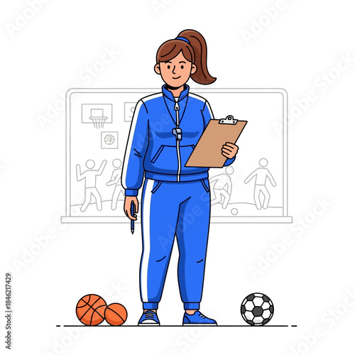 Dynamic Female Sports Instructor Holding Clipboard and Whistle, Prepared to Lead and Inspire Athletes in Various Athletic Training Programs and Physical Education