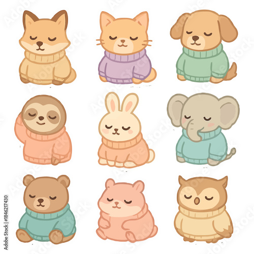 Cute animals in sweaters: dog, cat, sloth, rabbit, elephant, bear, owl.