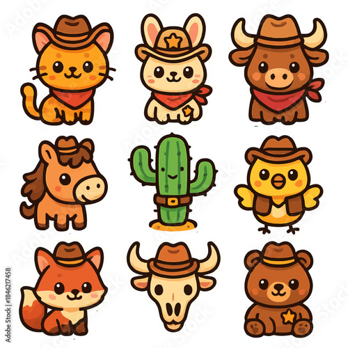 Cute western animals in cowboy hats and bandanas on white background.