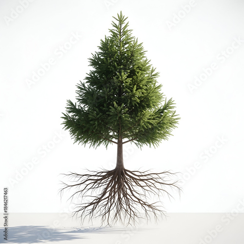 Mature winter calm fir tree with exposed roots