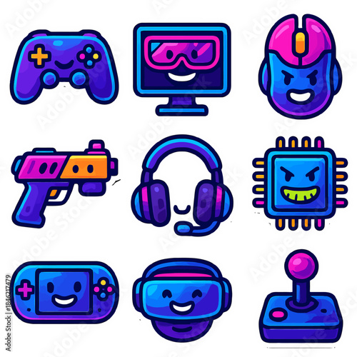 Colorful cartoon gaming icons: controllers, consoles, headset, vr, chip.