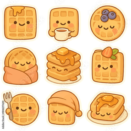 Cute kawaii waffles and pancakes with happy faces and toppings.
