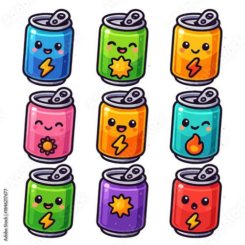 Cute cartoon soda cans with colorful faces and symbols.
