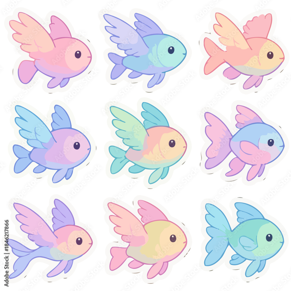 Fototapeta premium Colorful cartoon flying fish collection in pastel colors.