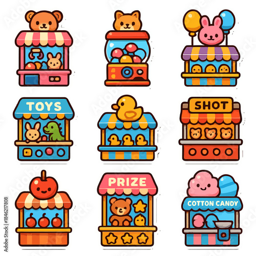Kawaii carnival stalls: cute toys and treats in vibrant cartoon design.