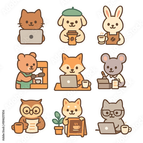 Cute cartoon animals working in coffee shop with laptops and drinks.