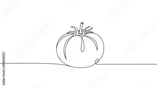 A minimalist single-line drawing of a ripe tomato on a plain white background.