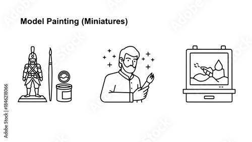 Minimalist black and white illustration showing a guitar neck with a wrench and string roll, representing instrument repair, beside two blank rectangular boxes.