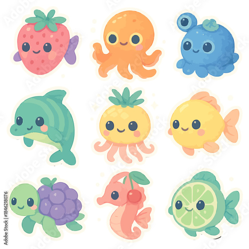 Cute kawaii sea animals and fruits stickers collection.