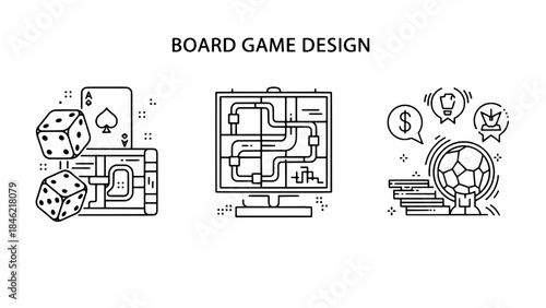 Minimalist black and white illustration showing a guitar neck with a wrench and string roll, representing instrument repair, beside two blank rectangular boxes.