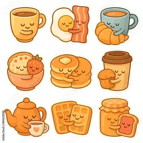 Charming breakfast pairings with cute cartoon characters.