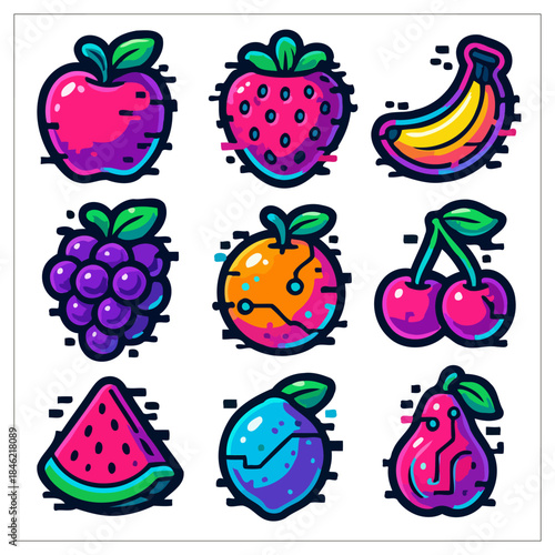 Colorful stylized fruit icons: apple, strawberry, banana, grapes, orange, cherries, watermelon, plum, pear.