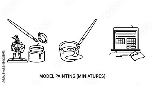 Minimalist black and white illustration showing a guitar neck with a wrench and string roll, representing instrument repair, beside two blank rectangular boxes.