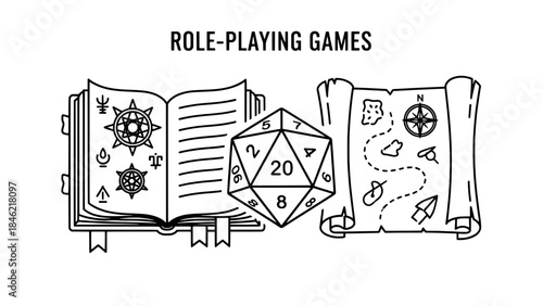 Minimalist black and white illustration showing a guitar neck with a wrench and string roll, representing instrument repair, beside two blank rectangular boxes.