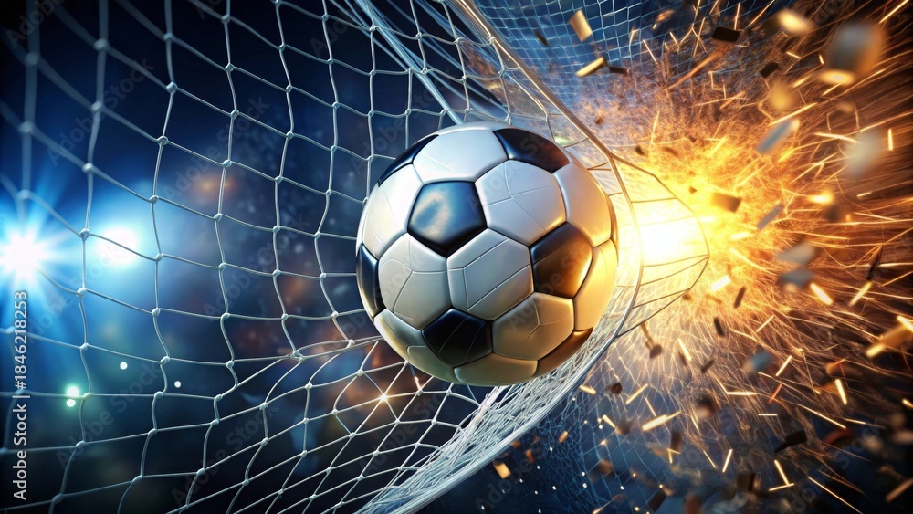 Fototapeta premium Dynamic Soccer Ball Exploding Through Goal Net with Fiery Sparks and Dramatic Lighting