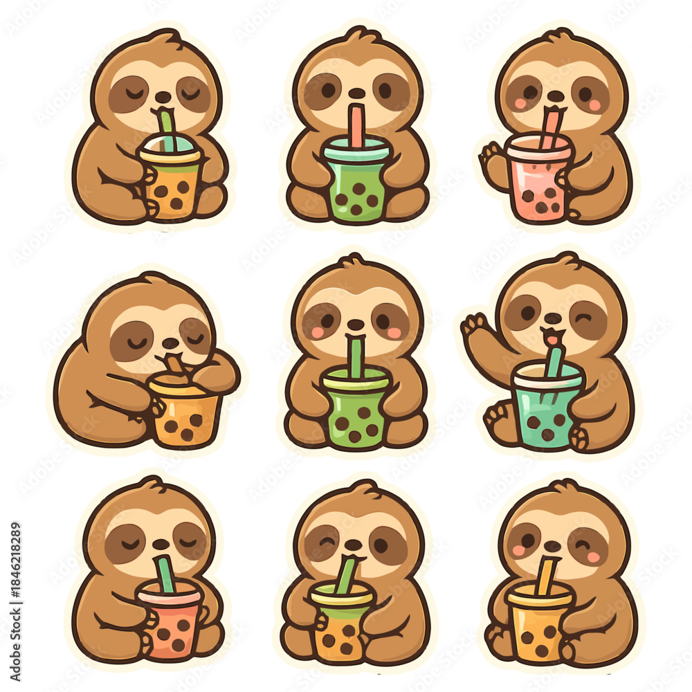 Fototapeta premium Cute cartoon sloths enjoying colorful bubble tea in various poses.