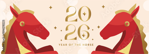 Modern chinese new year 2026 banner vector background with horse colored with colorful chinese patterns for decoration cover card flyer branding poster hieroglyphics mean happy new year
