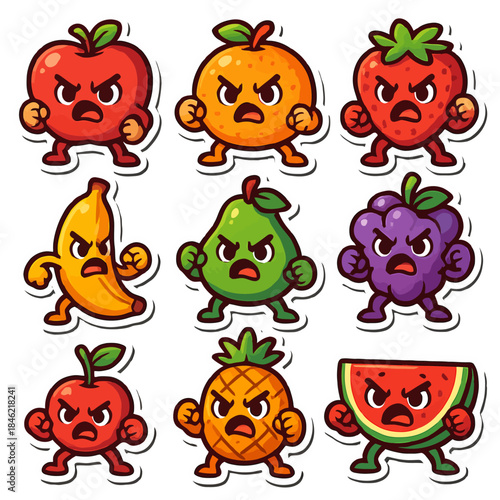 Cartoon fruit characters with angry expressions and bold colors.