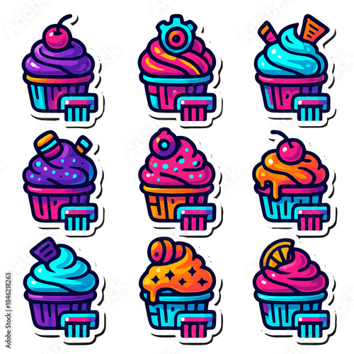 Colorful cartoon cupcake set with various toppings and decorations.