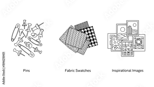 Minimalist black and white illustration showing a guitar neck with a wrench and string roll, representing instrument repair, beside two blank rectangular boxes.