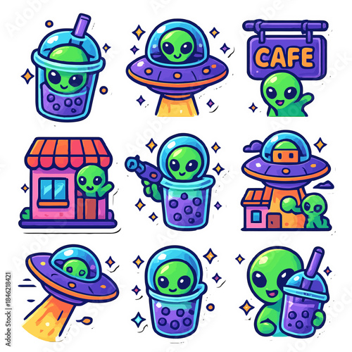 Cute alien bubble tea and spaceship cafe illustration with colorful cartoon characters.