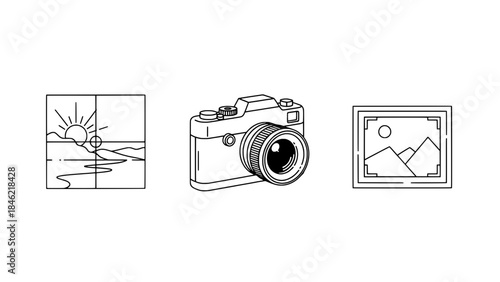 Minimalist black and white illustration showing a guitar neck with a wrench and string roll, representing instrument repair, beside two blank rectangular boxes.