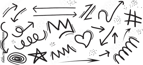 A collection of hand drawn doodles and symbols on a white background